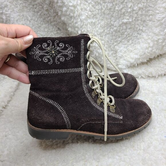 Canda Brown Suede Leather Embroidered Lace-up Fleece Lined Boots sz 38 - Picture 2 of 10